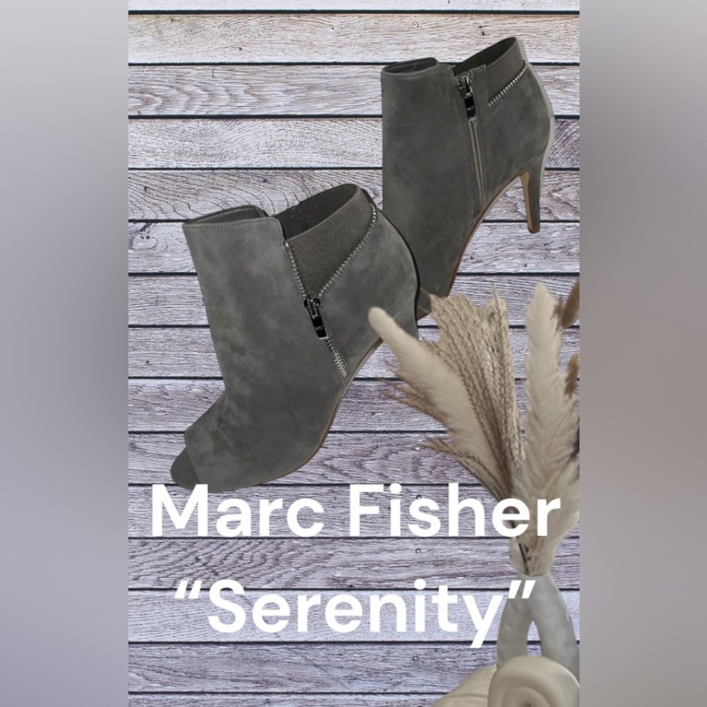 Marc Fisher Peep Toe Gray Suede side zip bootie 3.5”heels Size: 7 Barely Worn